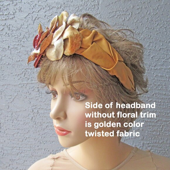 Handmade headband with raffia flower, floral petals & rhinestones, Beige & brown - Picture 6 of 13